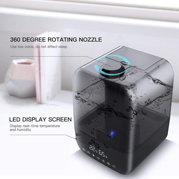 Overhead view of an ultrasonic humidifier showing 360-degree rotating nozzle, with an LED display for temperature and humidity.