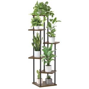 6-tier oak indoor plant stand holding multiple plants.