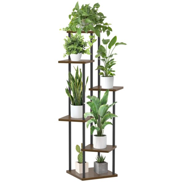 6-tier oak indoor plant stand holding multiple plants.