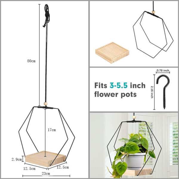 Black hexagonal plant hanger showing all sizes, including rope length.