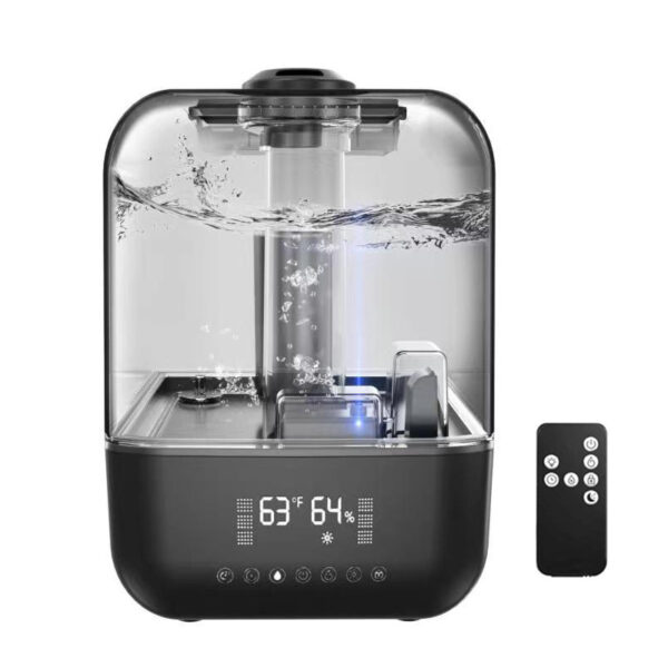 Ultrasonic humidifier and its remote control displayed on a clean, modern surface.