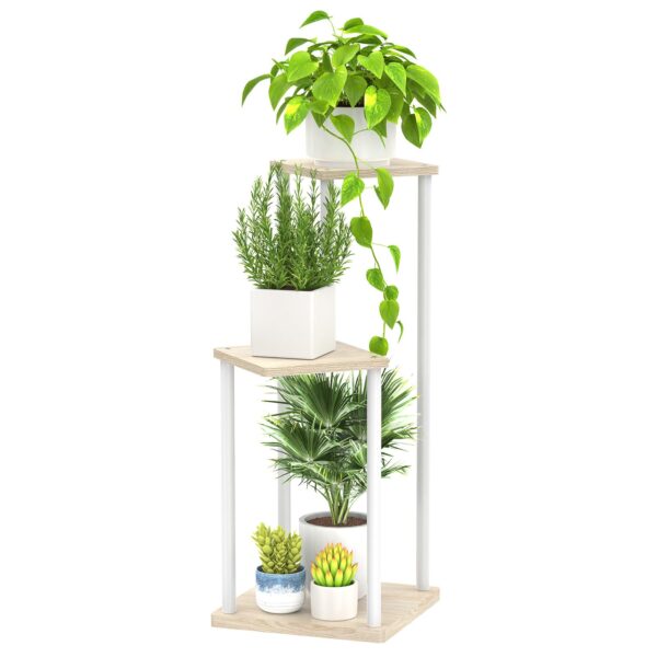 Modern 3-tier white indoor plant stand with indoor plants.