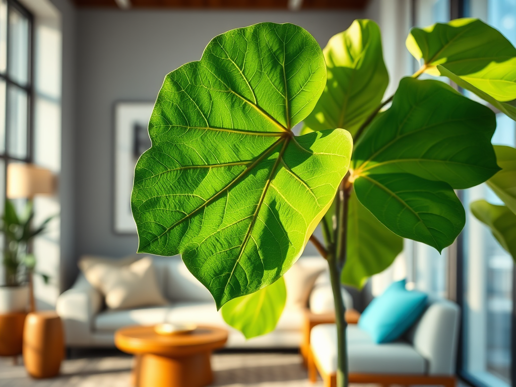 Fiddle Leaf Fig in the living room, with sunlight hitting its leaves.