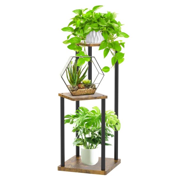 Sleek 3-tier black indoor plant stand with plants on display.