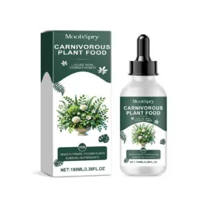 Bottle and packaging of MoonSpry Carnivorous Plant Food Liquid Soil Conditioner for Venus Flytraps, Pitcher Plants, Sundews, and Butterworts, 100ml.