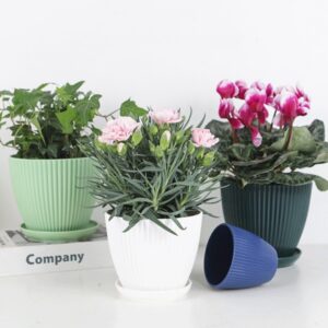 All plastic resin flower pot variations on table