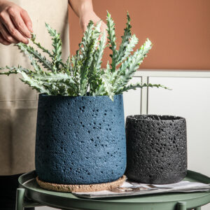 Navy and black Nordic cement planters on stand