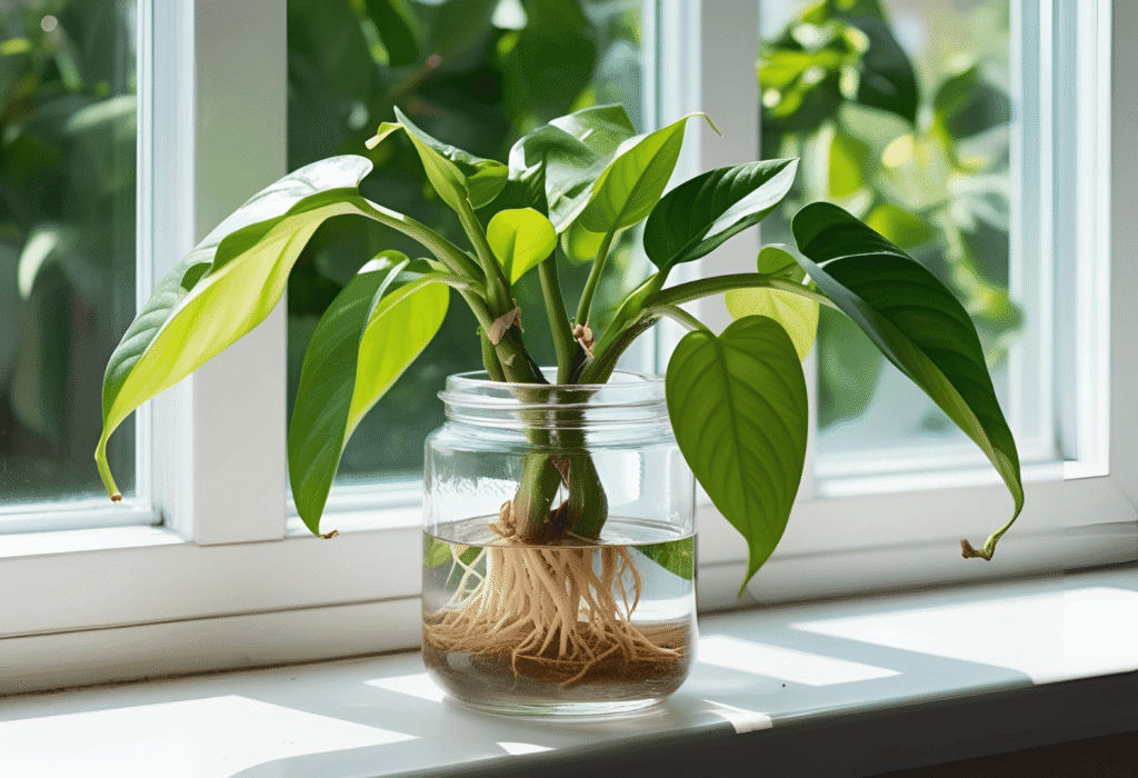 Propagating Pothos in Water Pothos cuttings in a glass jar by a window for propagation.