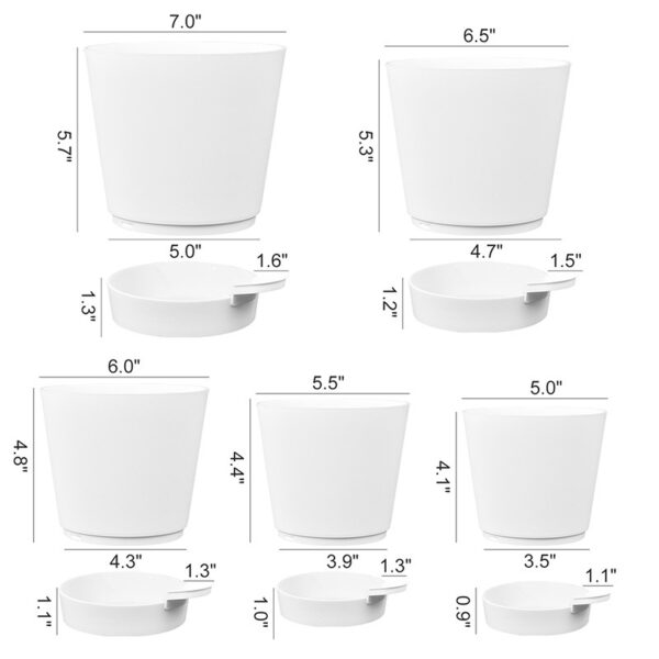 Dimensions of self watering flower pots with detailed inch measurements