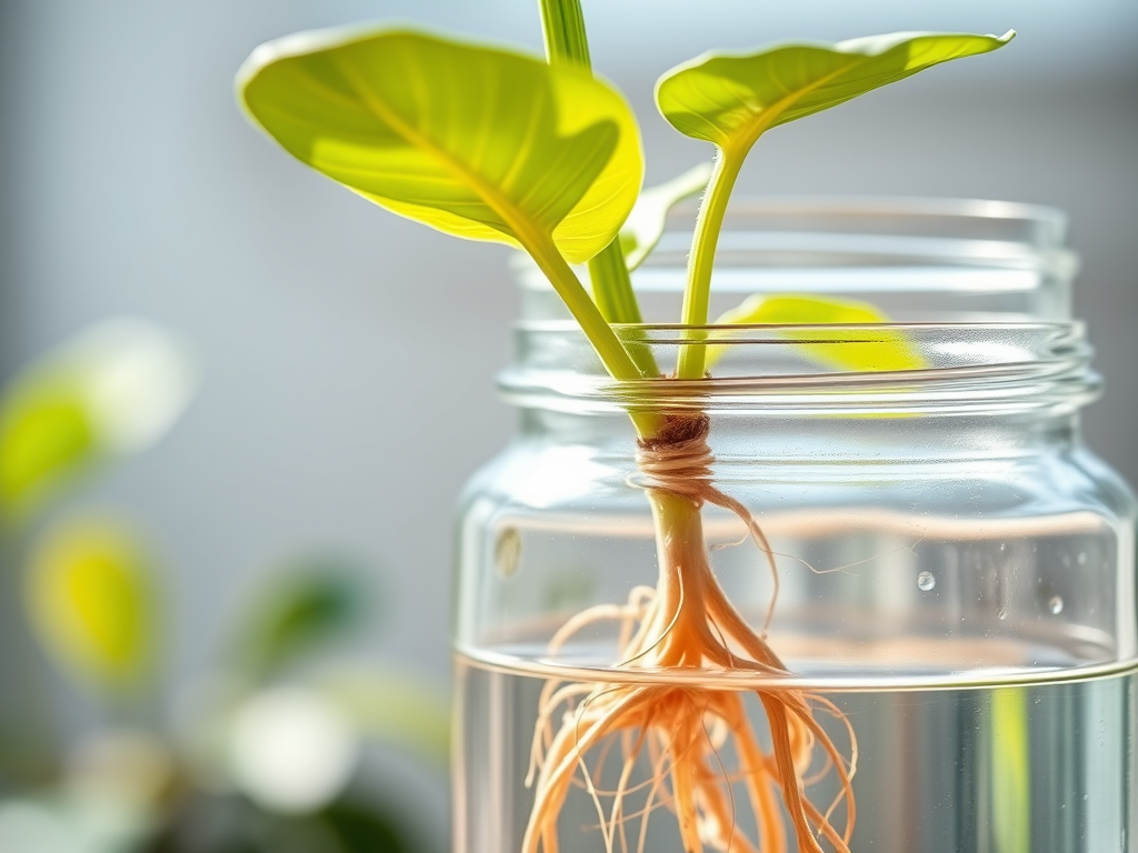 Propagating a Plant in Water A small plant placed in a glass jar filled with water for propagation.