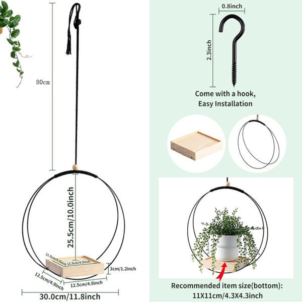 Round black plant hanger with size details and usage guide.