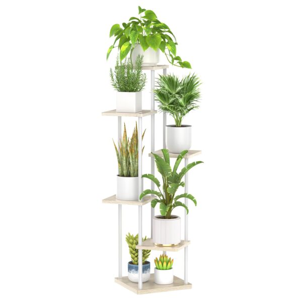 6-tier white indoor plant stand with vibrant house plants