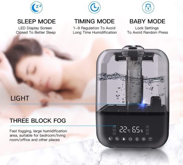 Ultrasonic humidifier working quietly in a bedroom with a woman sleeping, featuring sleep mode and baby mode settings.