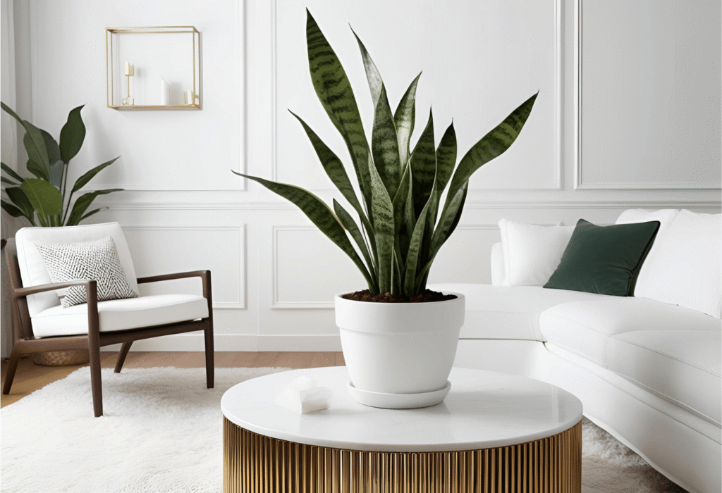 Snake Plant on Modern in Living Room A Snake Plant placed on a modern stool in a stylish living room.