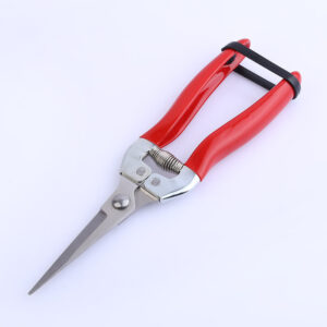 Stainless steel garden shears in a closed position with safety cover.