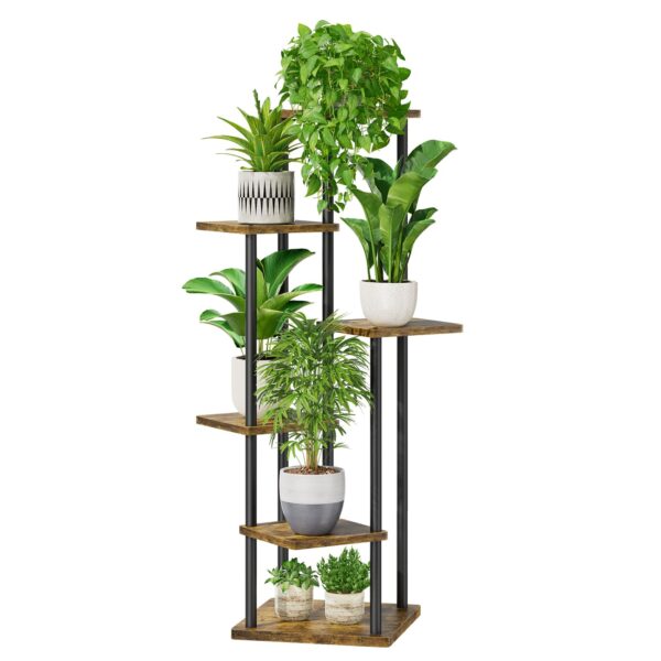 6-tier black indoor plant stand with a modern design.