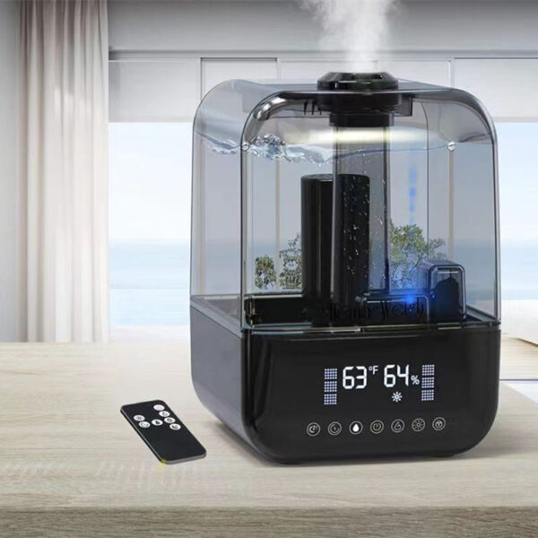 Ultrasonic humidifier working on a table with remote control, showing 63°F and 64% humidity in a well-lit indoor environment.