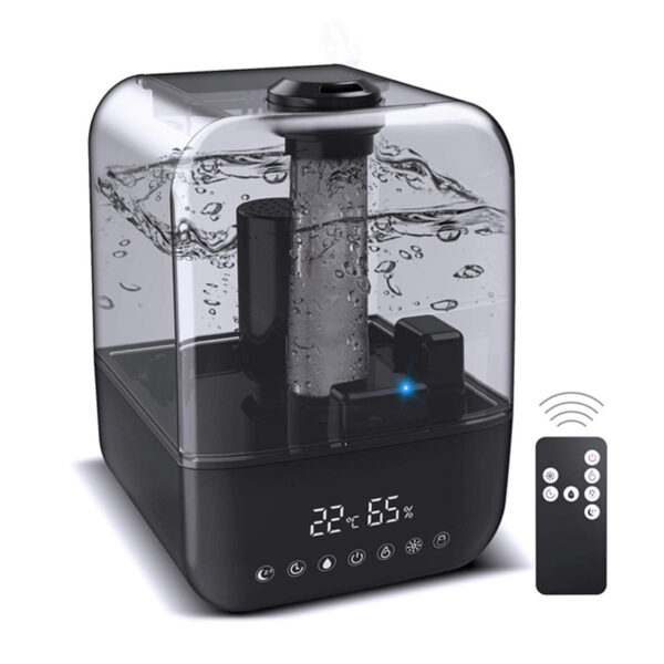 Close-up shot of ultrasonic humidifier and its remote control, showing 22°C and 65% humidity on the digital display bar.