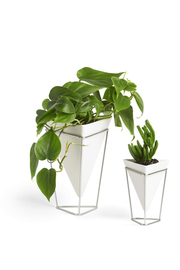 White and Nickel ceramic tabletop planter set with large and small pots