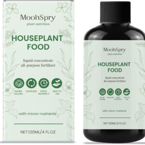 A MoonSpry houseplant food set featuring a cardboard product box and a clear glass bottle labeled “MoonSpry Plant Nutrition – All-Purpose Liquid Concentrate Fertilizer.”