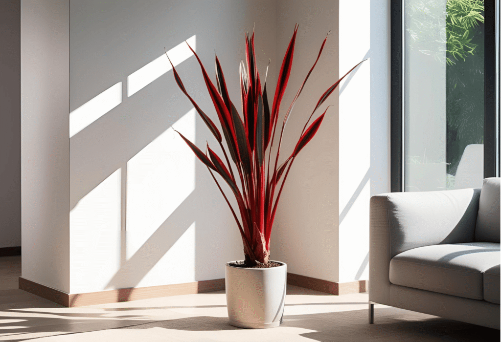 Vibrant Red Dracaena Marginata in a Modern Living Room Red-leaf Dracaena Marginata plant placed in a bright living room