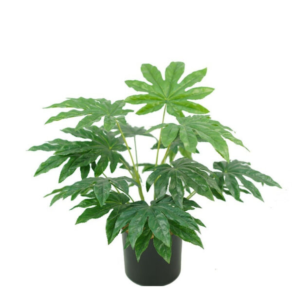 Large-leaf Fatsia Japonica artificial plant in gray pot with vibrant foliage.