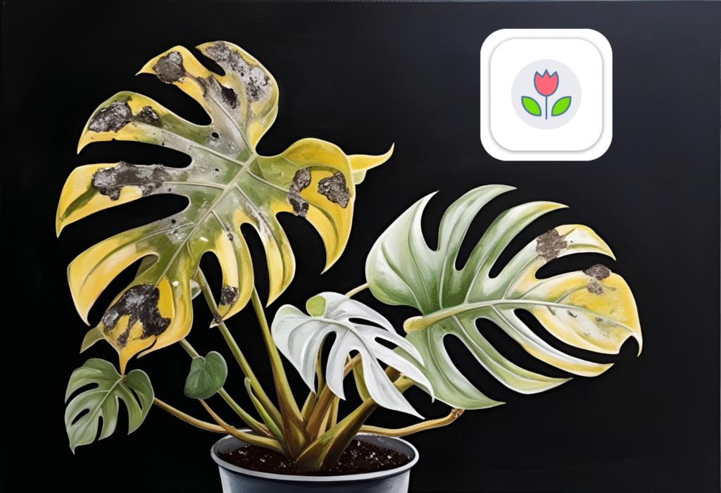Monstera Deliciosa Disease Issues: Yellowing, Browning, and Blackening Leaves Explained Monstera Deliciosa leaves turning yellow, brown, and black with a plant app icon in the corner.