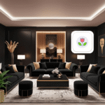 Modern black-themed office with a Peace Lily plant next to the couch, walls displaying Plant App mobile app icons.