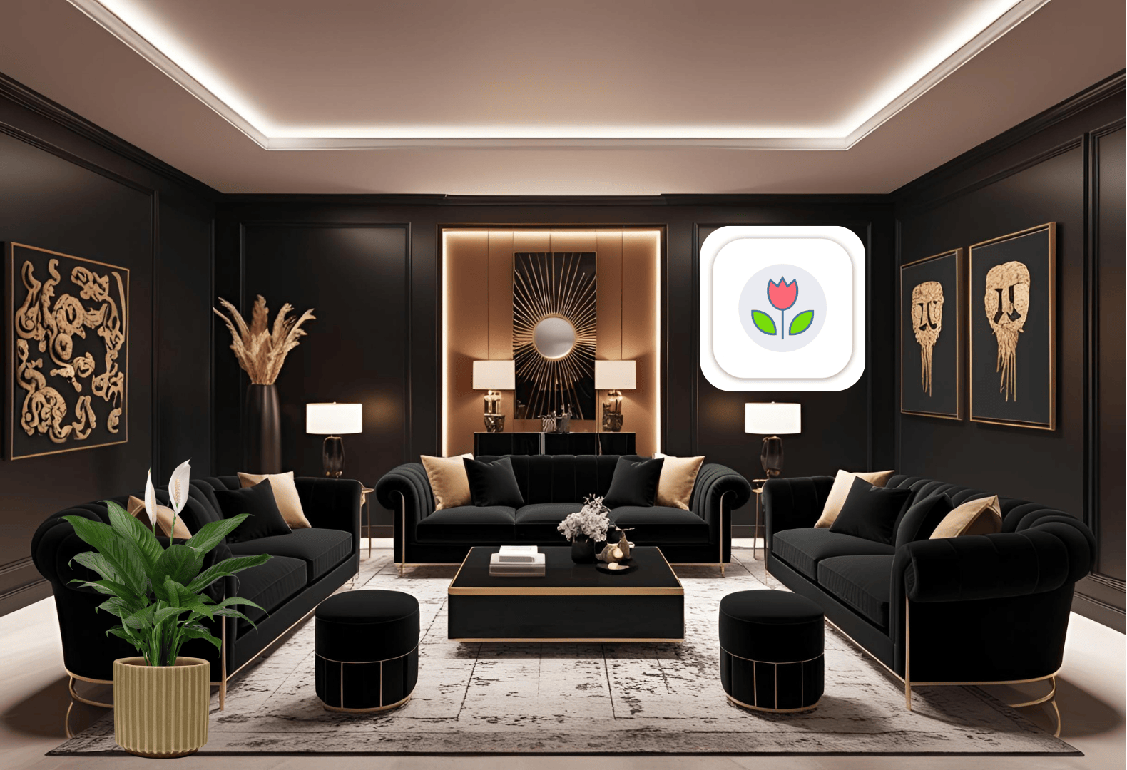 Modern black-themed office with a Peace Lily plant next to the couch, walls displaying Plant App mobile app icons.