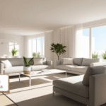 Modern, well-lit living room with sofas and various indoor plants, featuring a ZZ Plant on the coffee table.